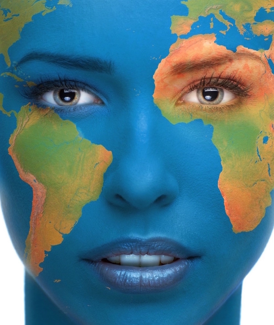 Face painted as a map of the world